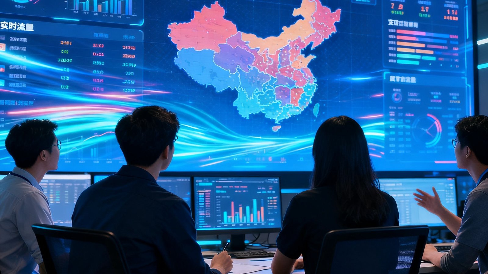 团队围坐在数据大屏前分析比赛热力图与实时流量，充满科技感